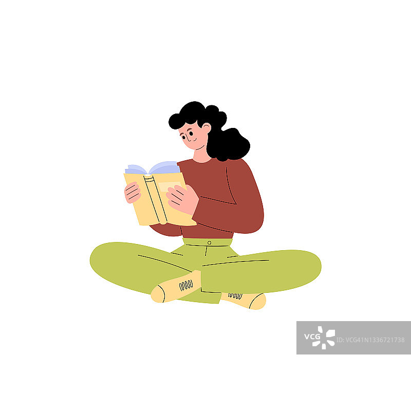 女人坐在地板上看书，卡通平面矢量插图孤立。图片素材