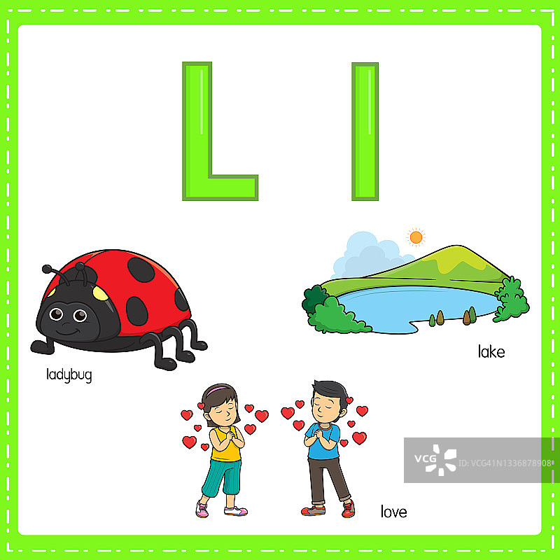 向量插图学习字母L的小写和大写的儿童与3卡通图像。瓢虫喜欢湖。图片素材