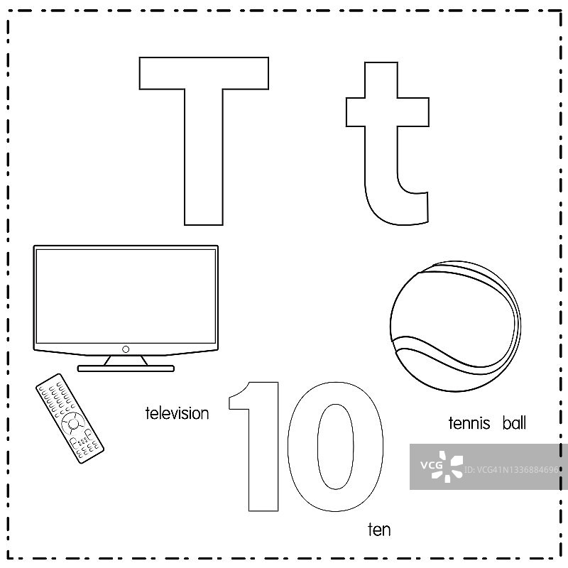 向量插图学习字母T的小写和大写的儿童与3卡通图像。电视十网球。图片素材