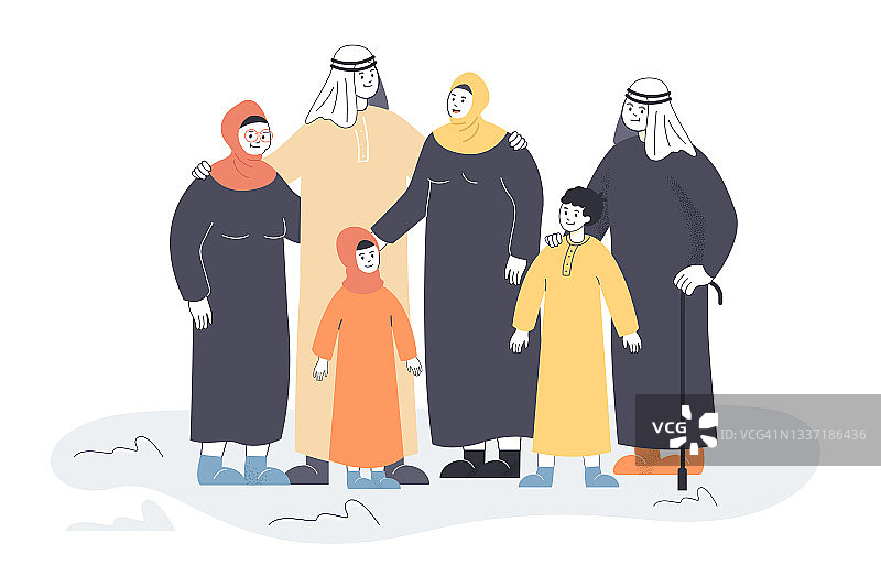 穆斯林家庭在传统服装平面矢量插图图片素材