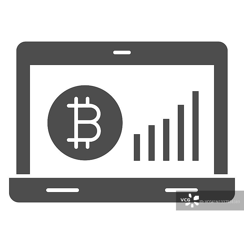 在笔记本电脑屏幕上的比特币激增图固体图标，加密货币概念，BTC率矢量符号在白色背景上，字形风格图标的移动概念和网页设计。矢量图形。图片素材