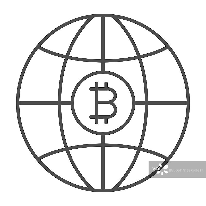 比特币，世界，全球货币细线图标，加密货币概念，BTC全球矢量标志在白色背景上，轮廓风格图标的移动概念和网页设计。矢量图形。图片素材