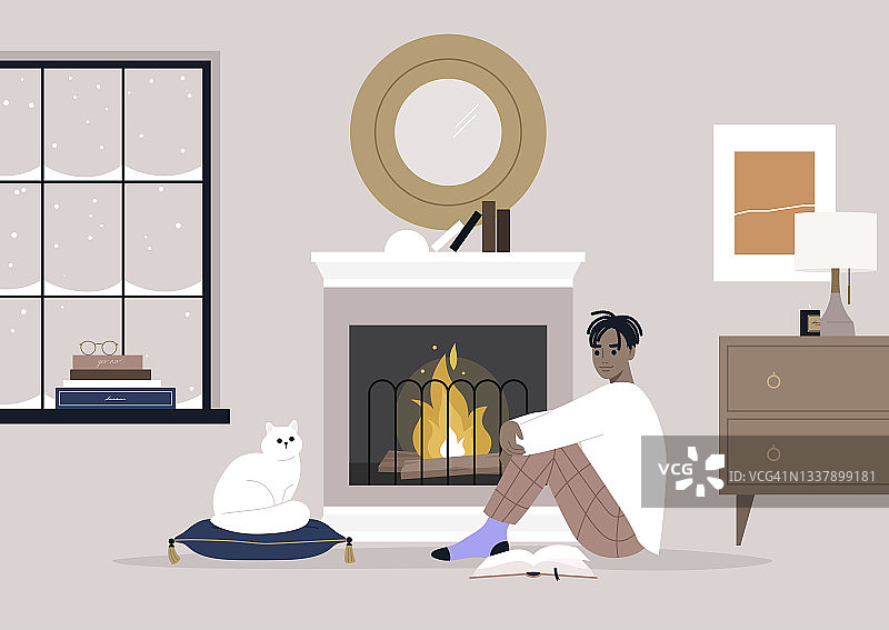 一个年轻的黑人男性角色坐在壁炉前的地板上，舒适的冬季室内，适合宠物的环境图片素材