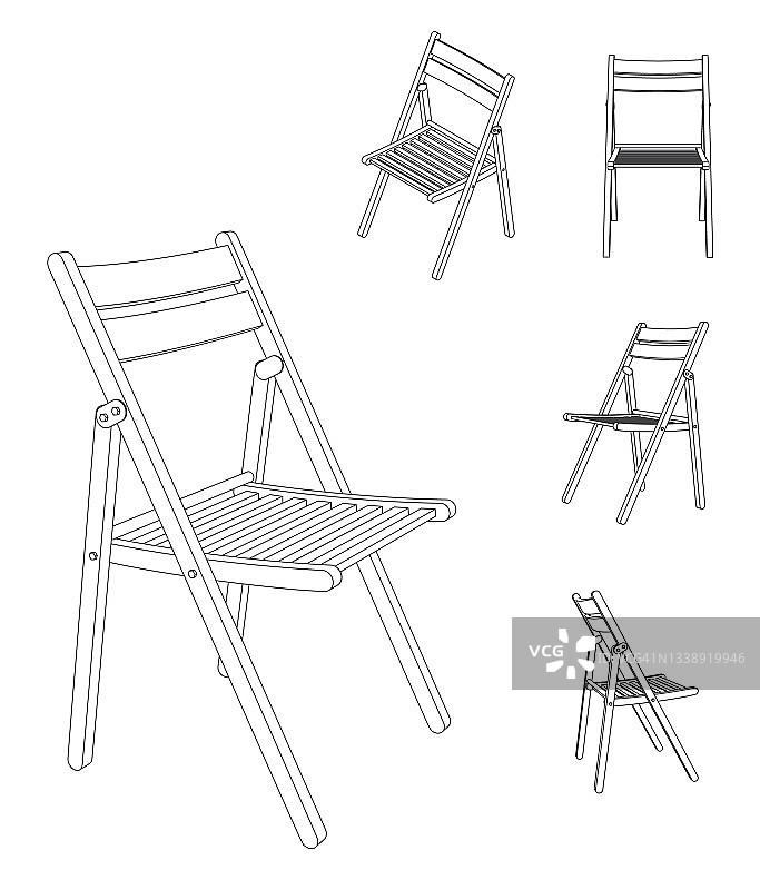 向量插图折叠椅与不同的观点，轮廓图片素材