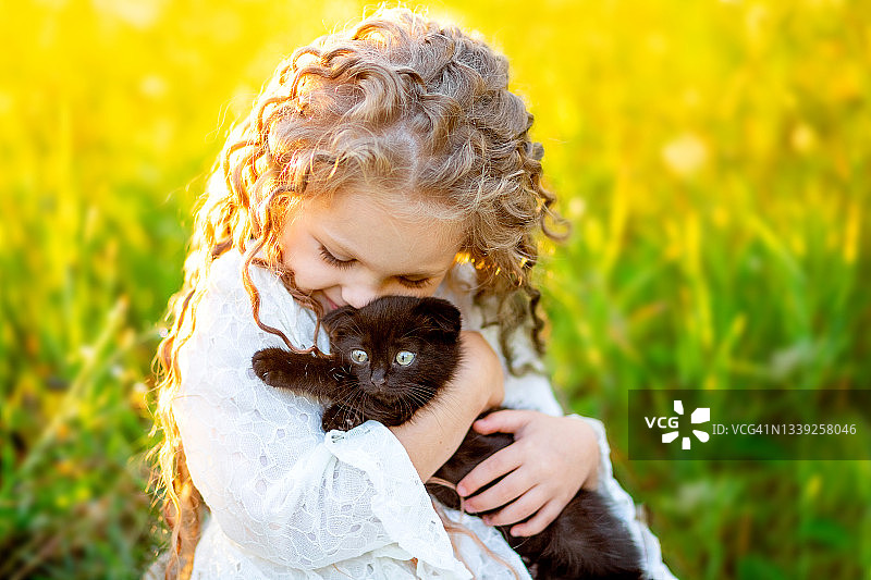 夏天，美丽的小女孩在草坪上抱着一只黑猫图片素材