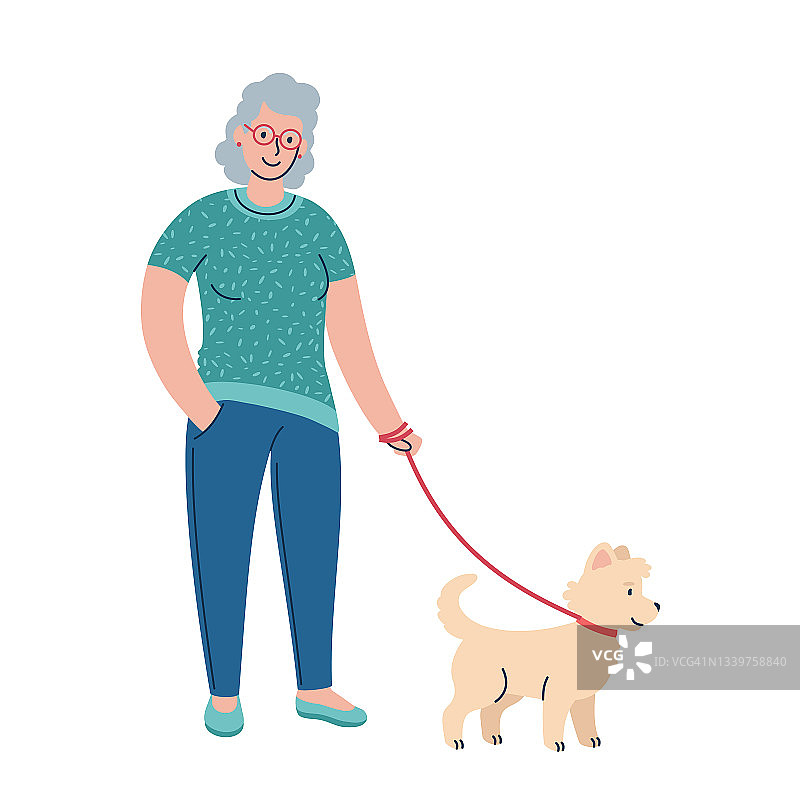 用皮带牵着狗散步。平面插画风格。图片素材