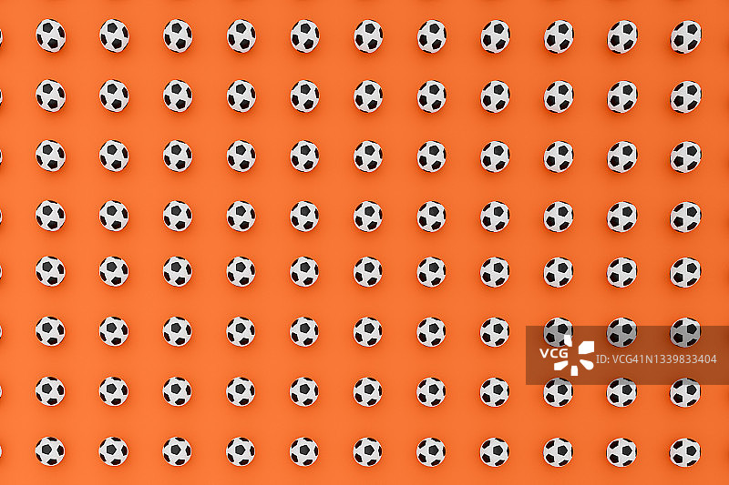许多足球在红色背景上的3d渲染，概念运动图片素材