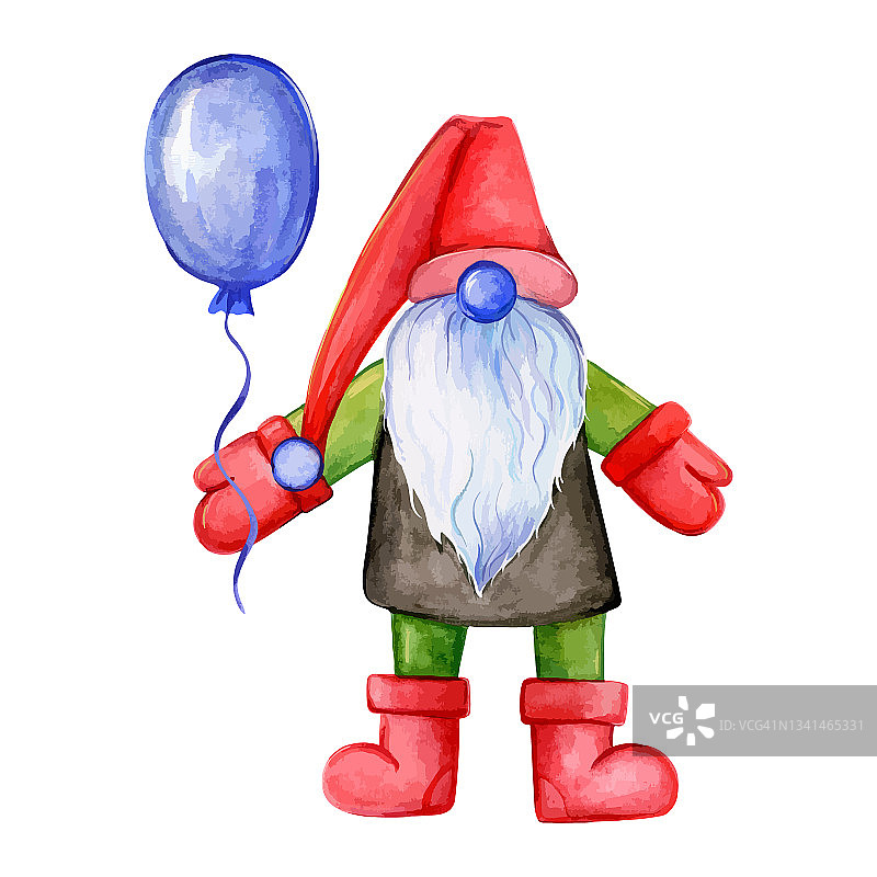 带着气球的圣诞侏儒。Gnome圣诞老人。水彩插图图片素材