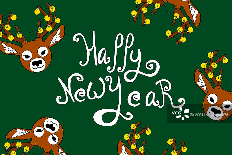 一个童话般的鹿的头在绿色节日背景与圣诞发光的金色花环，灯和灯。无缝模式。并祝圣诞快乐，新年快乐。礼品盒包装纸的设计和图案。图片素材