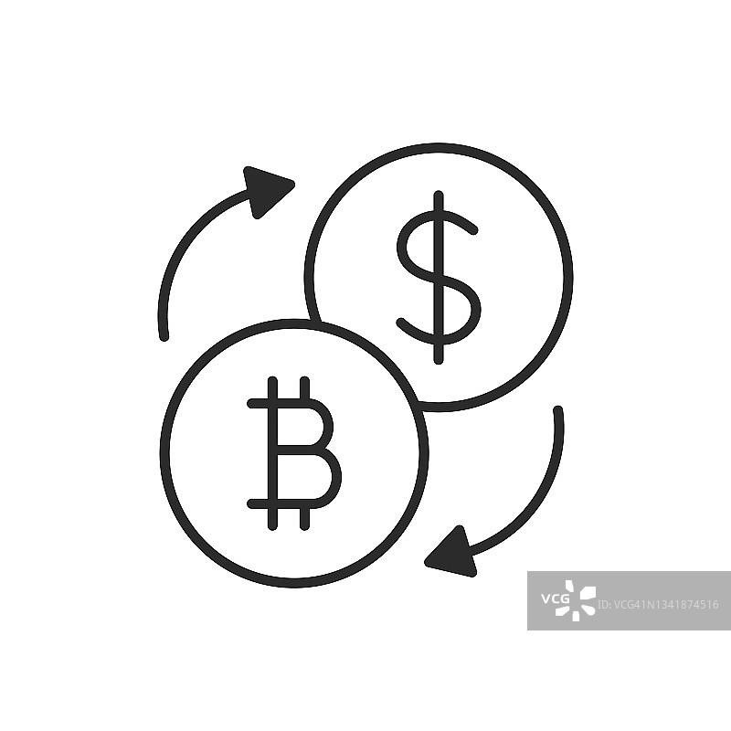 加密转换图标。细线图标美元和比特币符号与箭头的交易所孤立在白色背景。矢量插图。图片素材