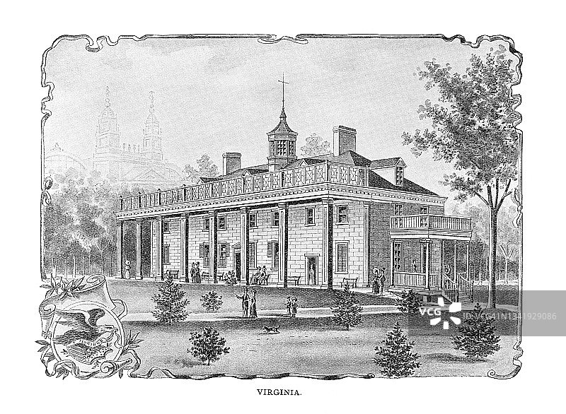 1893年芝加哥哥伦比亚博览会上弗吉尼亚州立大厦的旧雕刻插图图片素材