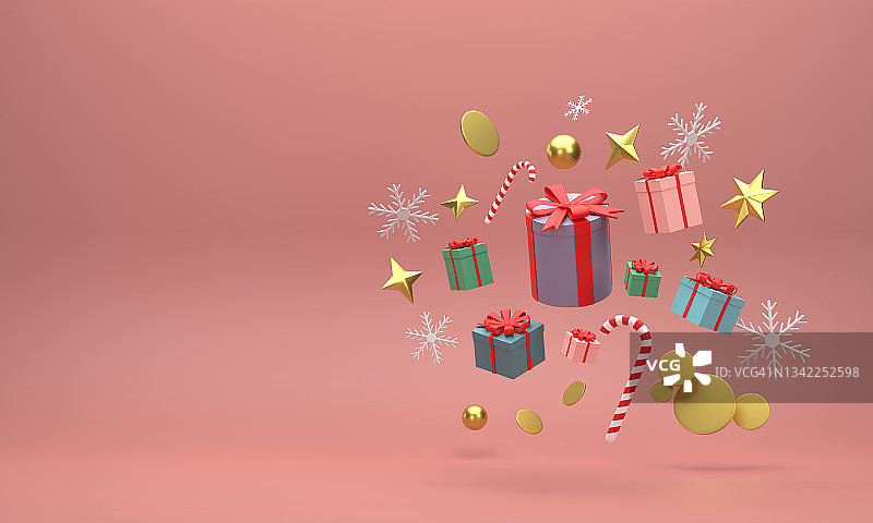 礼品盒和金色的球圣诞节日庆祝的红色背景。图片素材