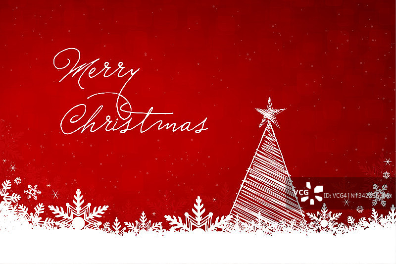 白色三角形的树充满了涂鸦，顶部有一颗星星，在充满活力的暗栗红色水平圣诞节日向量背景，文本信息圣诞快乐，雪花和雪花在底部图片素材