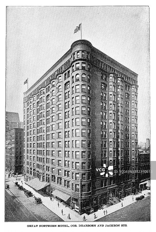 芝加哥在19世纪的旧版画插图，大北方酒店，Cor. Dearborn和杰克逊圣。图片素材