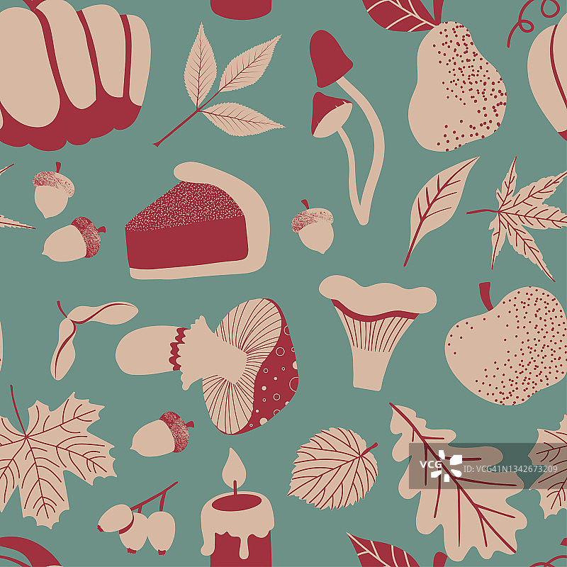 秋天无缝的图案有树叶、浆果、蘑菇、苹果、梨。手绘矢量插图在复古风格和颜色图片素材