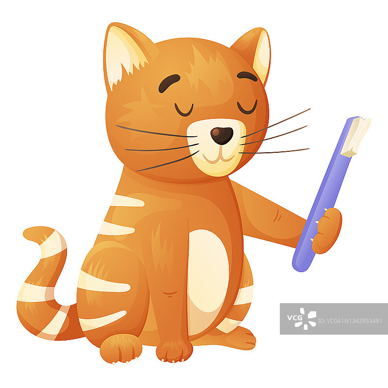 矢量孤立插图的卡通可爱的猫与牙刷。图片素材