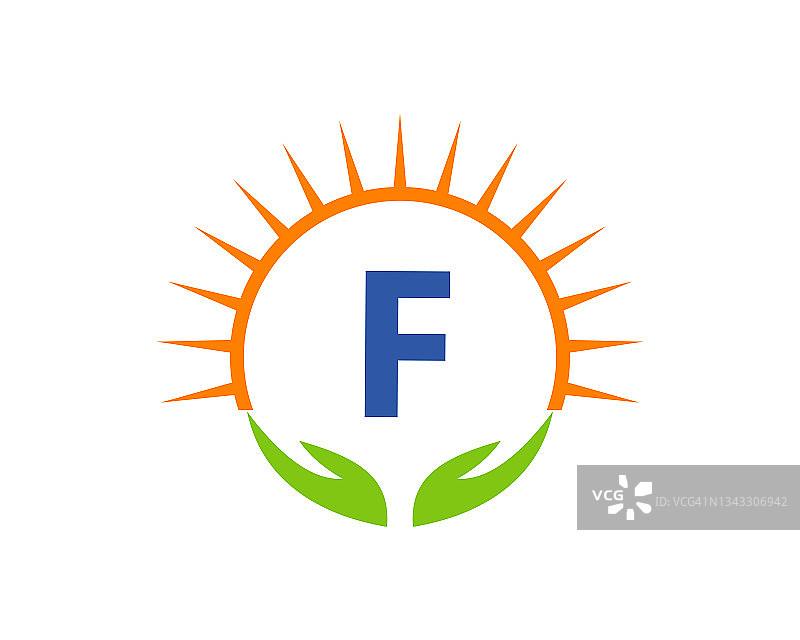 慈善标志与手，太阳和F字母概念。字母F慈善标志模板捐赠组织标志矢量图片素材