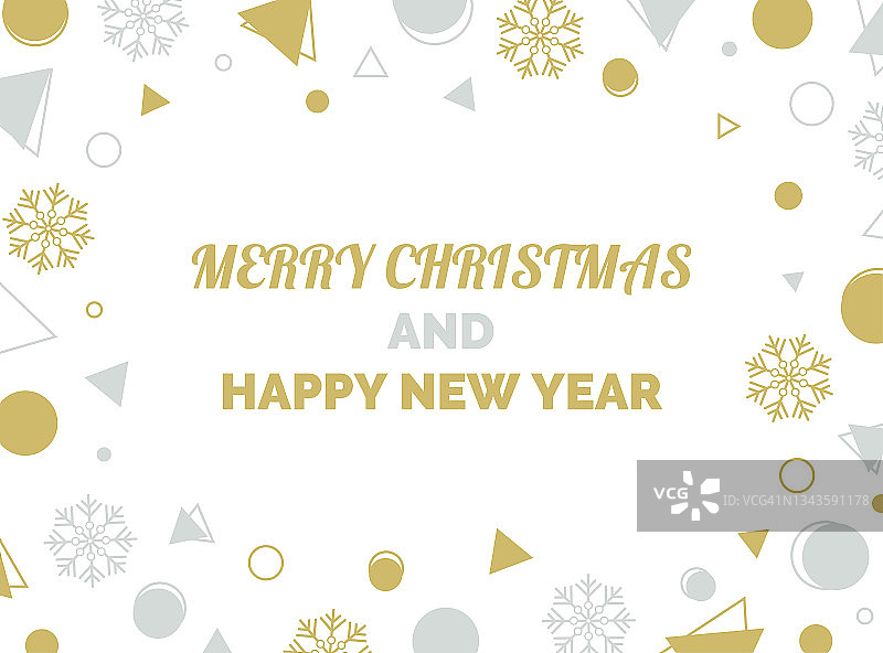 几何形状和白色背景上的雪花。抽象的圣诞背景。金色和银色的三角形和圆形。新年快乐墙纸。用于横幅、明信片或邀请。图片素材