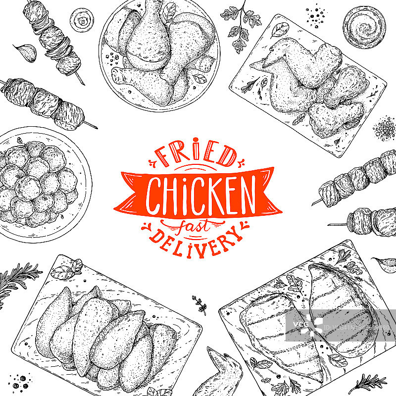 鸡肉晚餐。烤鸡和炸鸡。手绘草图插图。烤鸡肉顶视图框架。矢量插图。雕刻设计。餐厅菜单设计模板。图片素材