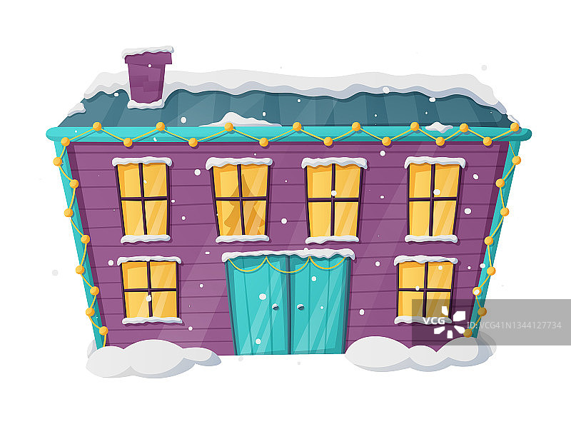 冬季向量孤立的圣诞插图卡通房子与雪和光在窗户。图片素材