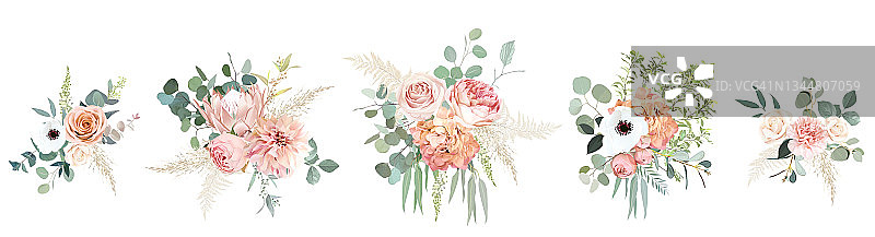 桃红玫瑰，毛茛属植物，白色海葵，干燥的protea，大丽花载体设计花束。图片素材