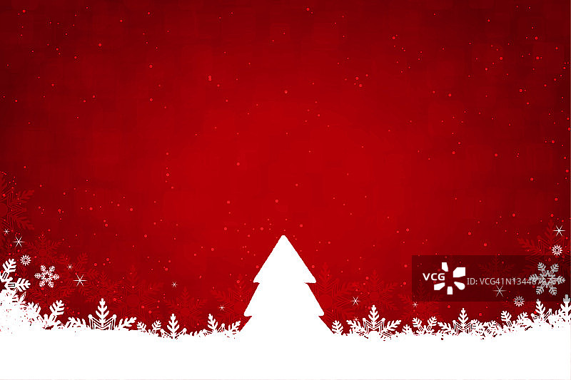 闪闪发光的圣诞节向量水平红色背景与白色的彩色树在明亮的充满活力的栗色背景与白色的雪在底部，雪花在顶部和闪闪发光的点点图片素材