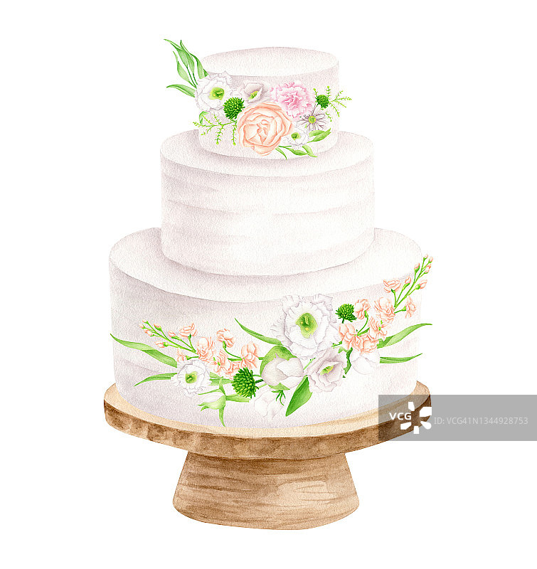 水彩婚礼蛋糕与花卉安排在木架插图。手绘三层白色奶油甜点隔离在白色的邀请，菜单，餐厅，商店和面包店的标志。图片素材