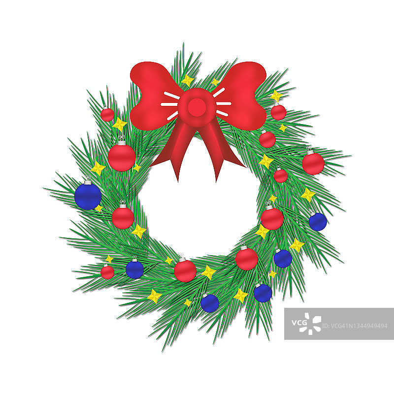 红色和蓝色圣诞球的冷杉花环，白色背景上孤立的蝴蝶结和金色的星星图片素材