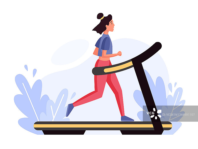 运动女子在跑步机上跑步。活动、运动、有氧运动、健身房的概念说明。图片素材