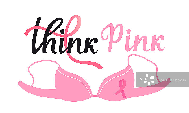 全国乳腺癌宣传月横幅。带粉色丝带的胸罩。想想粉红色的手写字母。图片素材