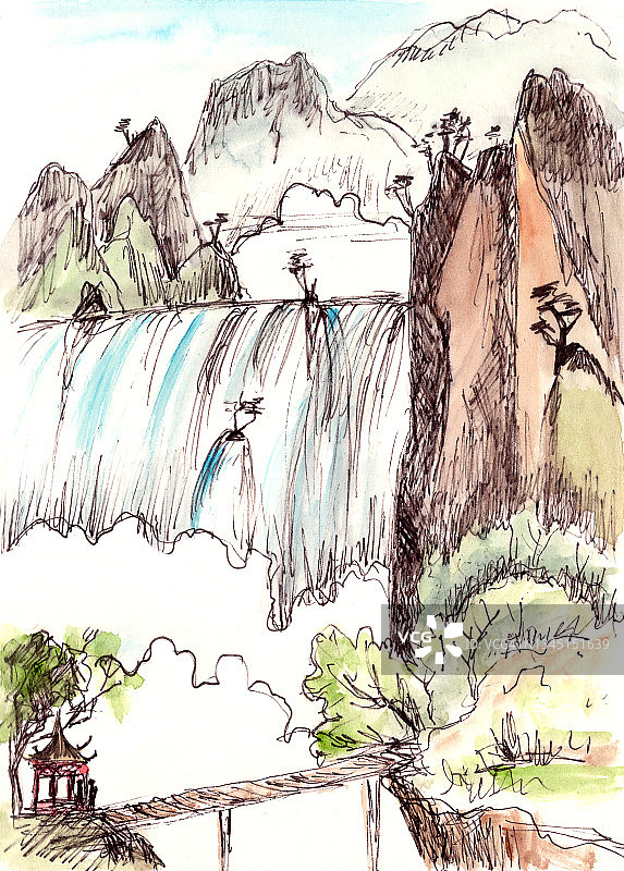 画了山上的瀑布和一座有凉亭的桥图片素材