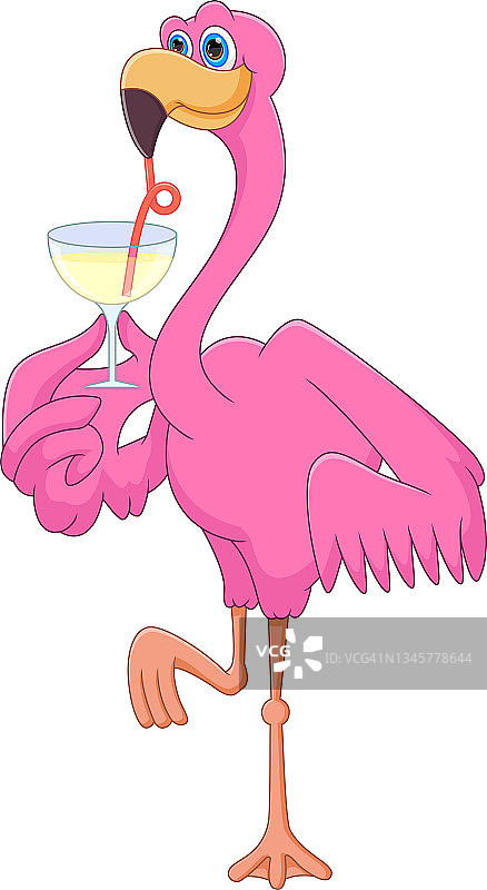 卡通可爱的火烈鸟在白色的背景上喝酒图片素材