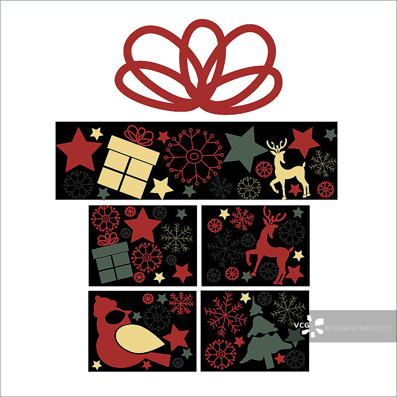 向量圣诞礼物盒与新年图标鹿，星星，冷杉，雪花为标志，圣诞节装饰，贺卡图片素材