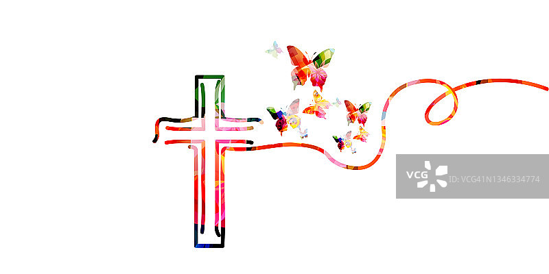 基督教十字与蝴蝶孤立的矢量插图。宗教主题背景。为基督教、祈祷和关怀、教会服务、交流、慈善、帮助和支持而设计图片素材