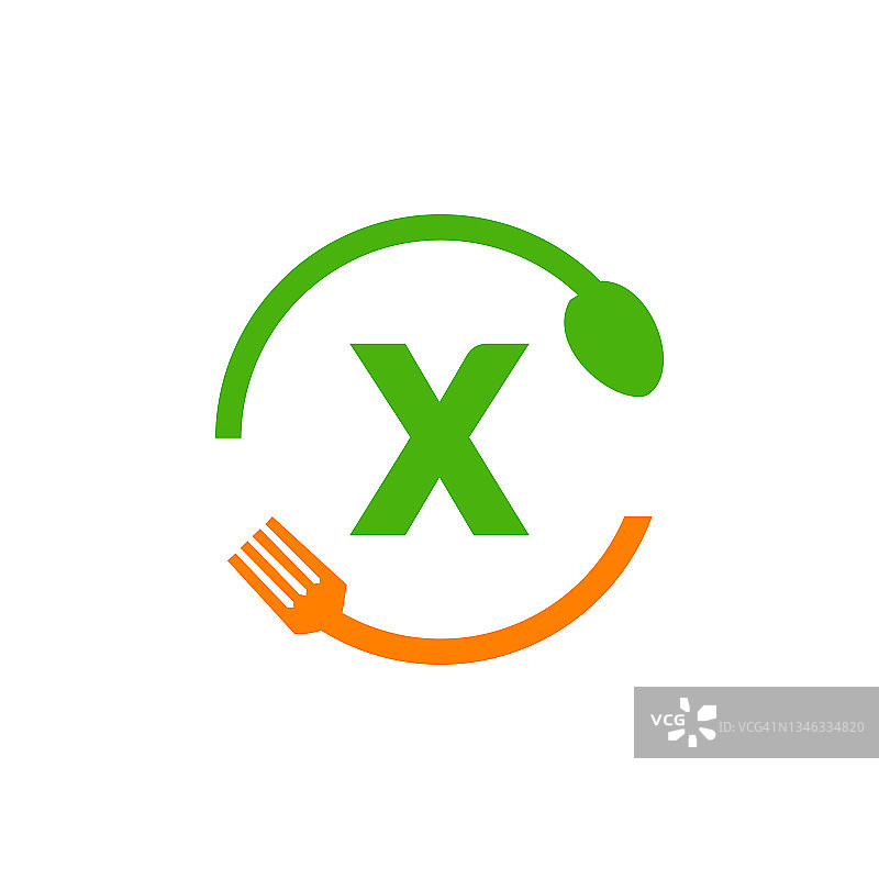餐厅标志设计与勺子和叉子的字母X概念模板。厨房工具，食物图标。采购产品烹饪标志，烧烤标志，带X字母向量的烧烤叉图片素材