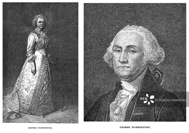 美国第一任总统乔治·华盛顿(1789 - 1797)和乔治·华盛顿的妻子玛莎·华盛顿的肖像图片素材