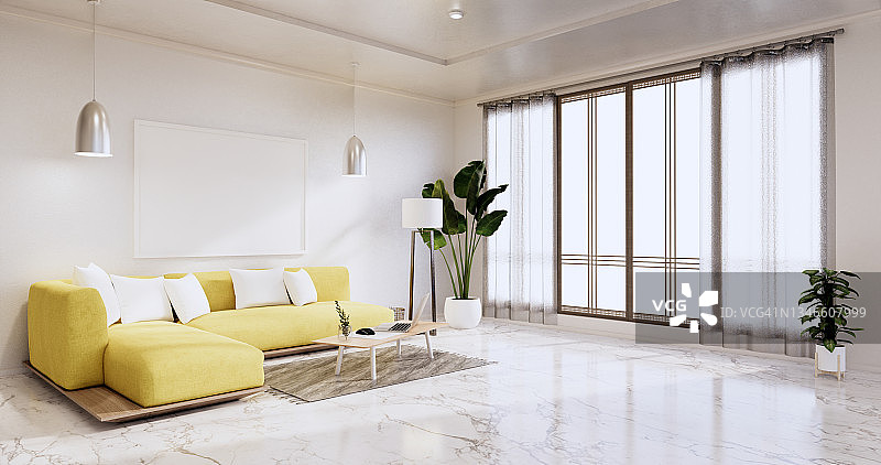 室内，客厅现代极简主义有白色墙壁上的黄色沙发和花岗岩瓷砖地板。三维渲染图片素材