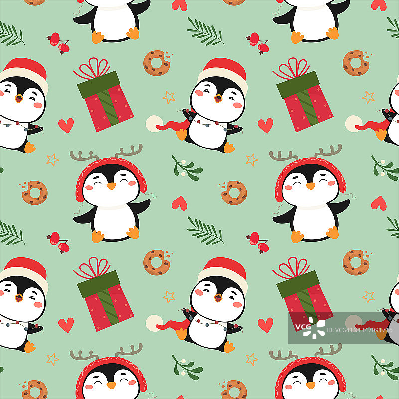 无缝图案与可爱的圣诞企鹅和元素。节日的矢量图。图片素材