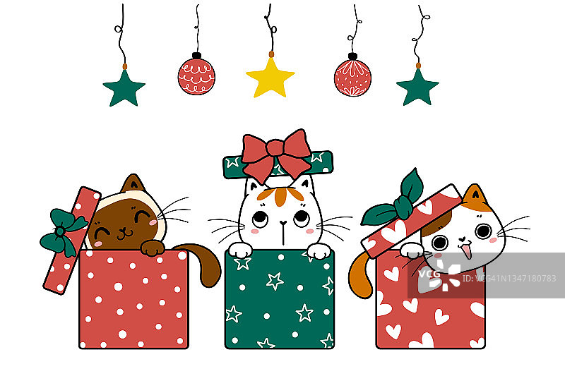 一组可爱好玩的小猫小猫在圣诞盒子里捉迷藏，卡通手绘涂鸦平面矢量图片素材
