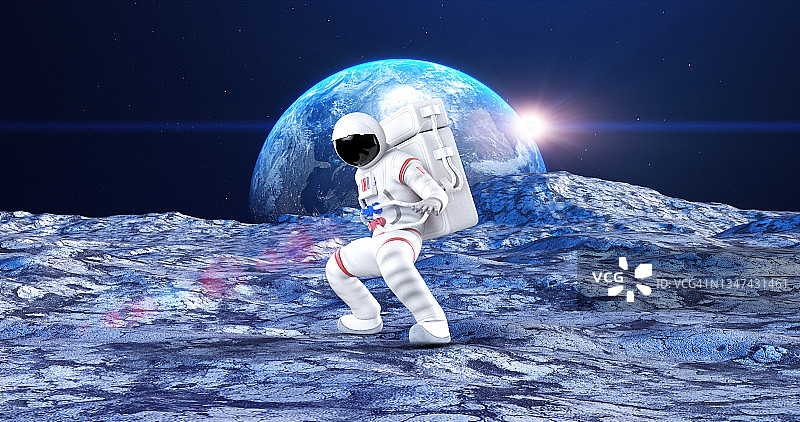 英雄宇航员在星球表面做武术动作。图片素材