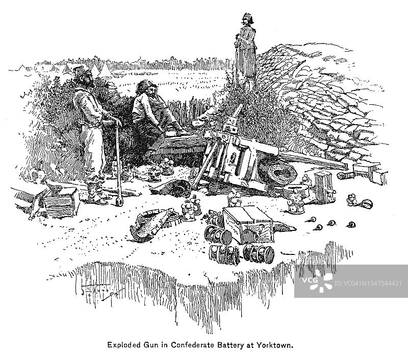 约克镇南部邦联炮台爆炸枪的古老雕刻图图片素材