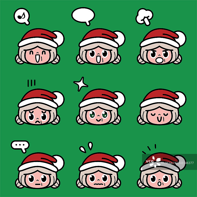 圣诞图标套装，一个可爱的年长妇女戴着圣诞老人的帽子，有9个面部表情的颜色柔和色调图片素材