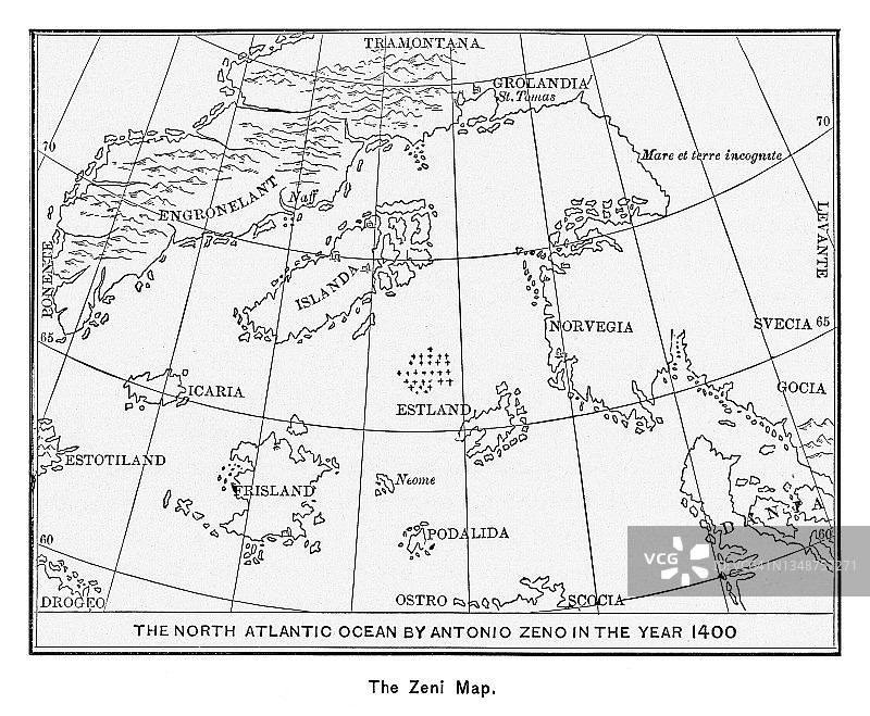 泽尼地图的旧地图-泽诺兄弟在北大西洋的发现在14世纪图片素材
