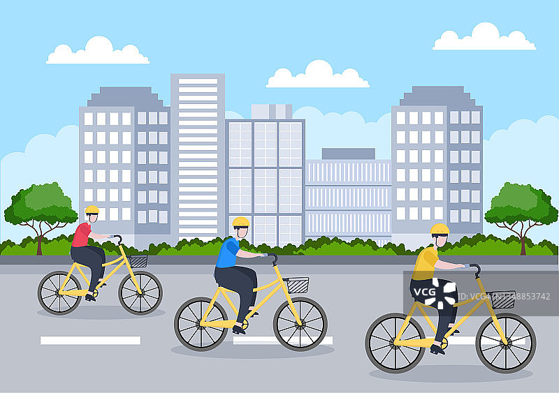 自行车矢量平面插图。人们在公园路或高速公路上骑自行车、运动和户外娱乐活动是一种健康的生活方式图片素材
