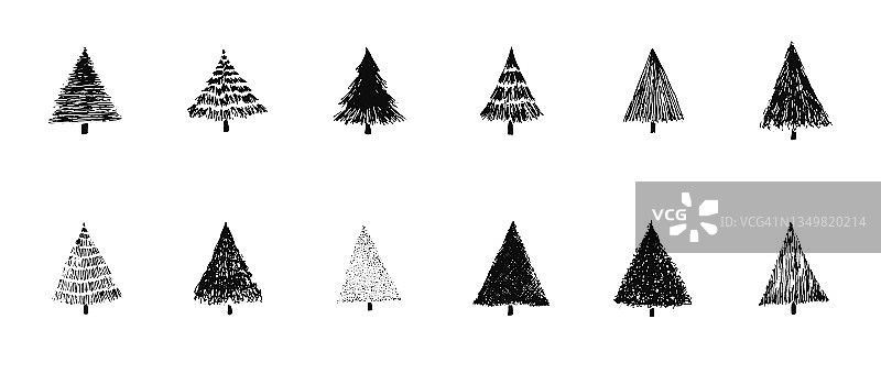 一套素描纹理手绘圣诞树图片素材