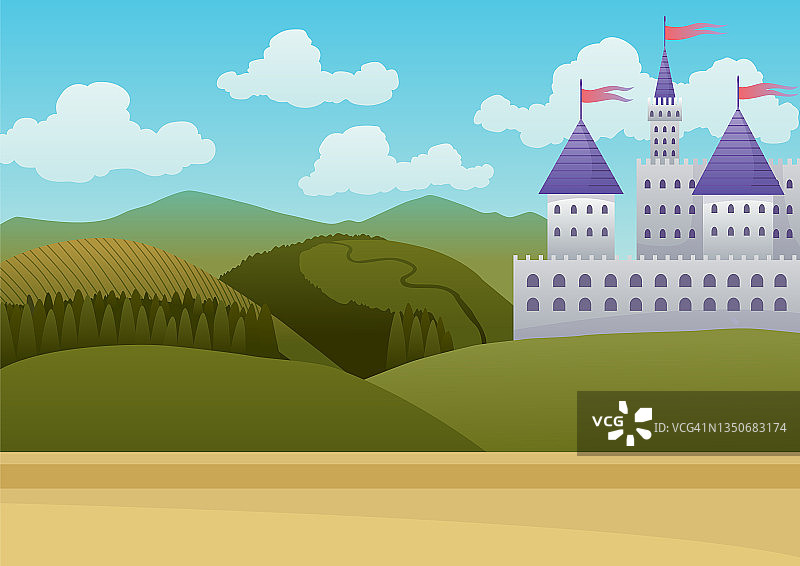 蓝色背景下的中世纪城堡。漫画中世纪历史时期。中世纪建筑的石头城堡图片素材