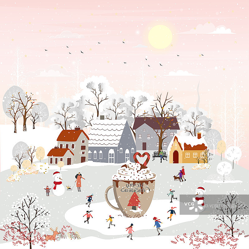 冬季景观，庆祝圣诞节和新年2022在村庄的晚上与快乐的人们在公园玩冰鞋，向量横旗冬季仙境在农村图片素材