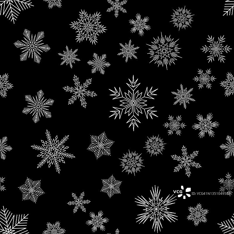 下雪的圣诞节无缝模式在黑暗的背景，白色雪花纺织品图片素材