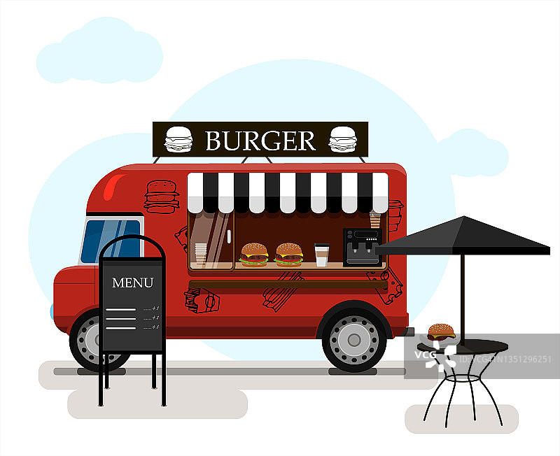 卖汉堡的街头快餐车。矢量平面插图的一个快餐的车轮上，一个菜单的货车。时尚的卡通图标图片素材