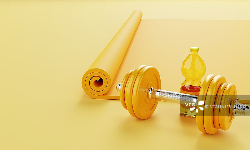 运动健身设置与瑜伽垫，饮水机和哑铃在柔和的黄色背景。健身和运动的概念。单色。3D插图渲染图片素材
